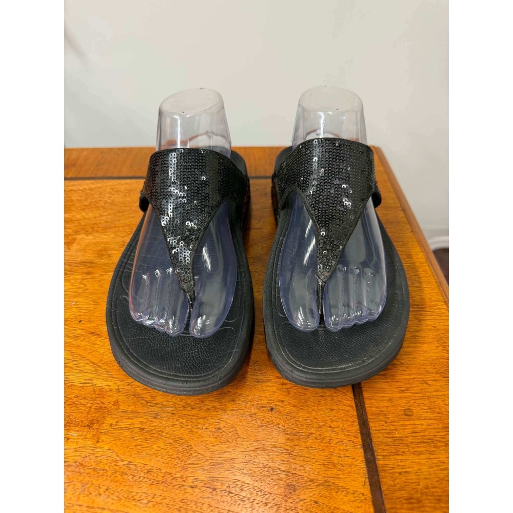 FitFlop Lulu Black Sequin Thong Sandals Wedge Flip Flops A18-001 Womens Size 7